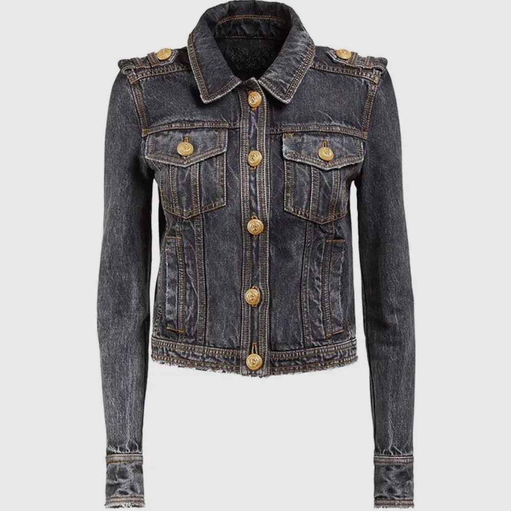 Classic Black Denim Jacket with Gold Accents
